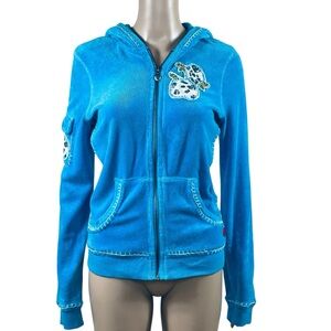 TWISTED HEART Turquoise Hooded Zip-Up Jacket with Embroidered Appliqué SZ L